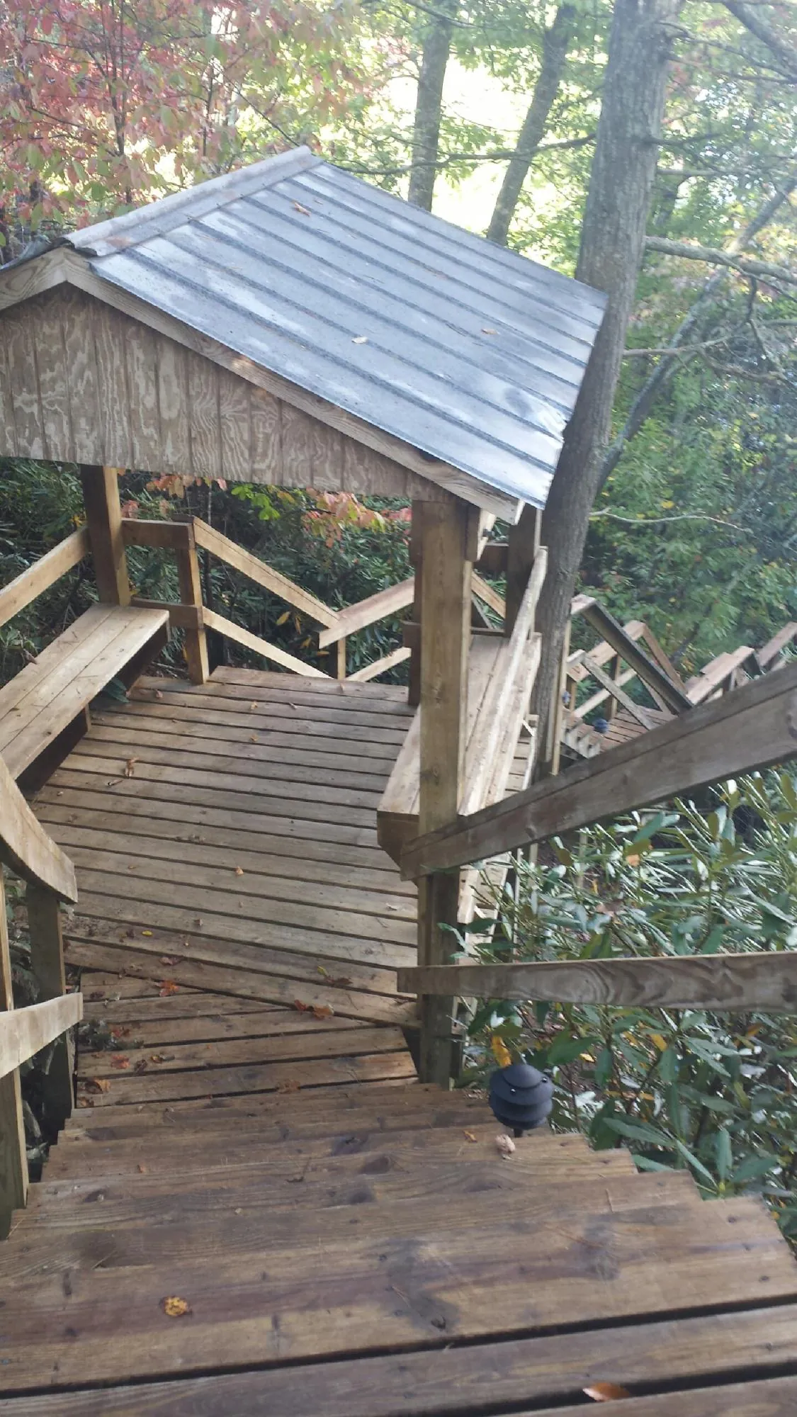 Metal roofed shelter over wooden steps on a wooded walkway — Skylight Repair & Installation work by our crew in Runnemede